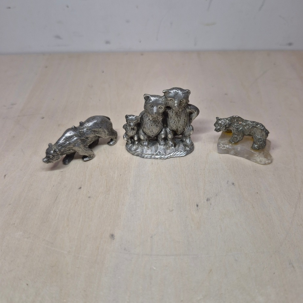 Vintage Pewter Bear Figurines Set of 3 Miniature Wildlife Sculptures Silver Tone